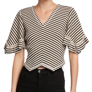 See by Chloe Striped V Neck Cropped Knit Top Ruffle Sleeve Small